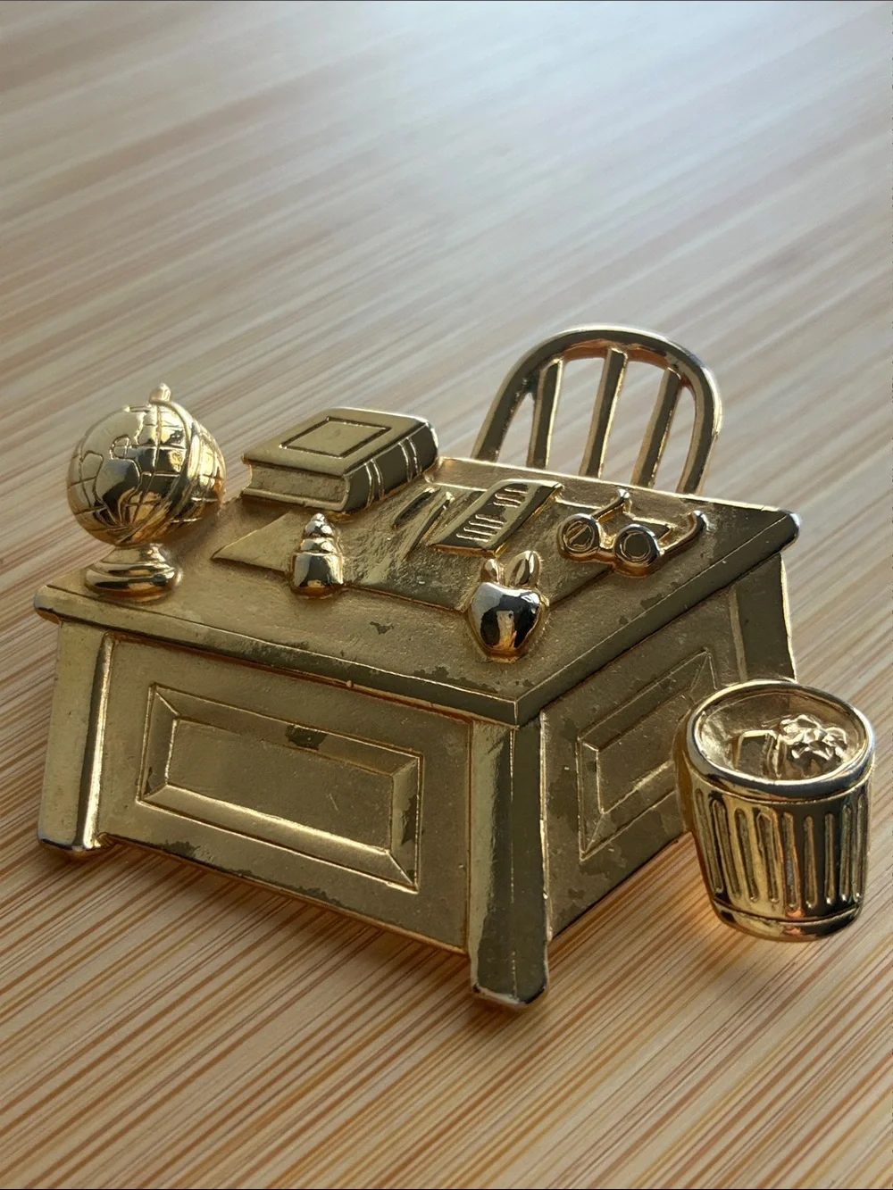 Vintage Gold-Tone Teacher Desk Brooch With Chair & Globe